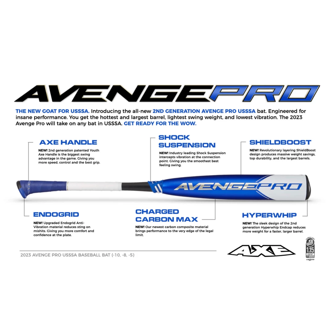 2023 AXE Avenge Pro -10 (2 3/4") USSSA Baseball Bat: L148K 3 2023 AXE Avenge Pro -10 (2 3/4") USSSA Baseball Bat: L148K
